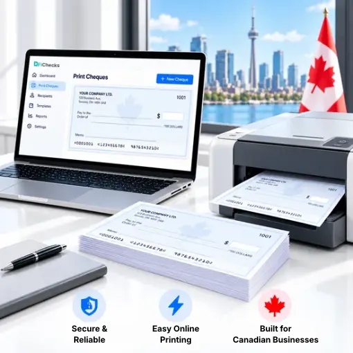 Laptop Displaying Cheque Printing Software Beside a Printer, Canadian Flag, and Printed Cheques by a Window Overlooking Toronto