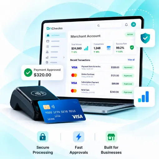 Illustration of a Laptop Showing a Merchant Payment Dashboard, with a Card Reader, Visa Card, Approval Notification, and Secure Payment Icons