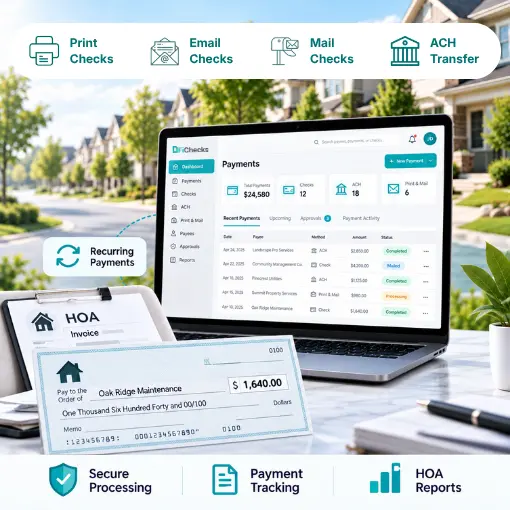 HOA Payment Platform Dashboard on a Laptop with Invoice Check, Recurring Payments, Secure Processing, Tracking, and Reporting Features