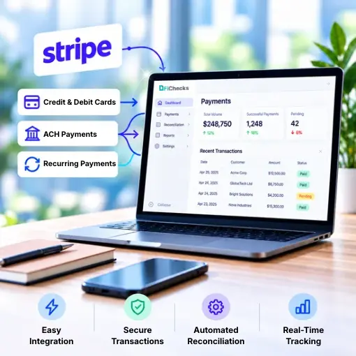 Stripe Payment Integration Dashboard Showing Card, ACH, and Recurring Payment Options with Secure, Automated, Real-Time Tracking Features