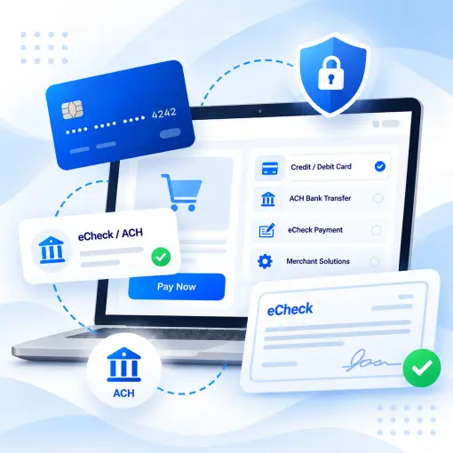 Illustration of Secure Online Payments Featuring a Credit Card, ACH/eCheck Options, Laptop, Shield, and Payment Confirmation