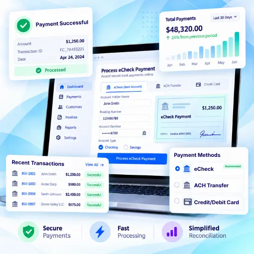 Dashboard Showing Successful eCheck Payment, Payment Analytics, Recent Transactions, Payment Methods, and Security Features